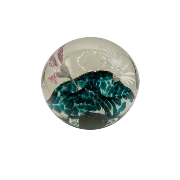 Handcrafted Glass Paperweight With Embedded Floral Design & Teal Accents - Picture 7 of 10